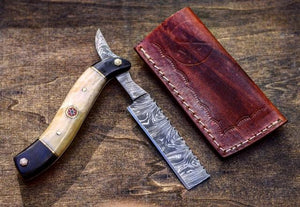 Handmade Damascus Steel Straight Folding Razor — Camel Bone & Buffalo Horn Handle