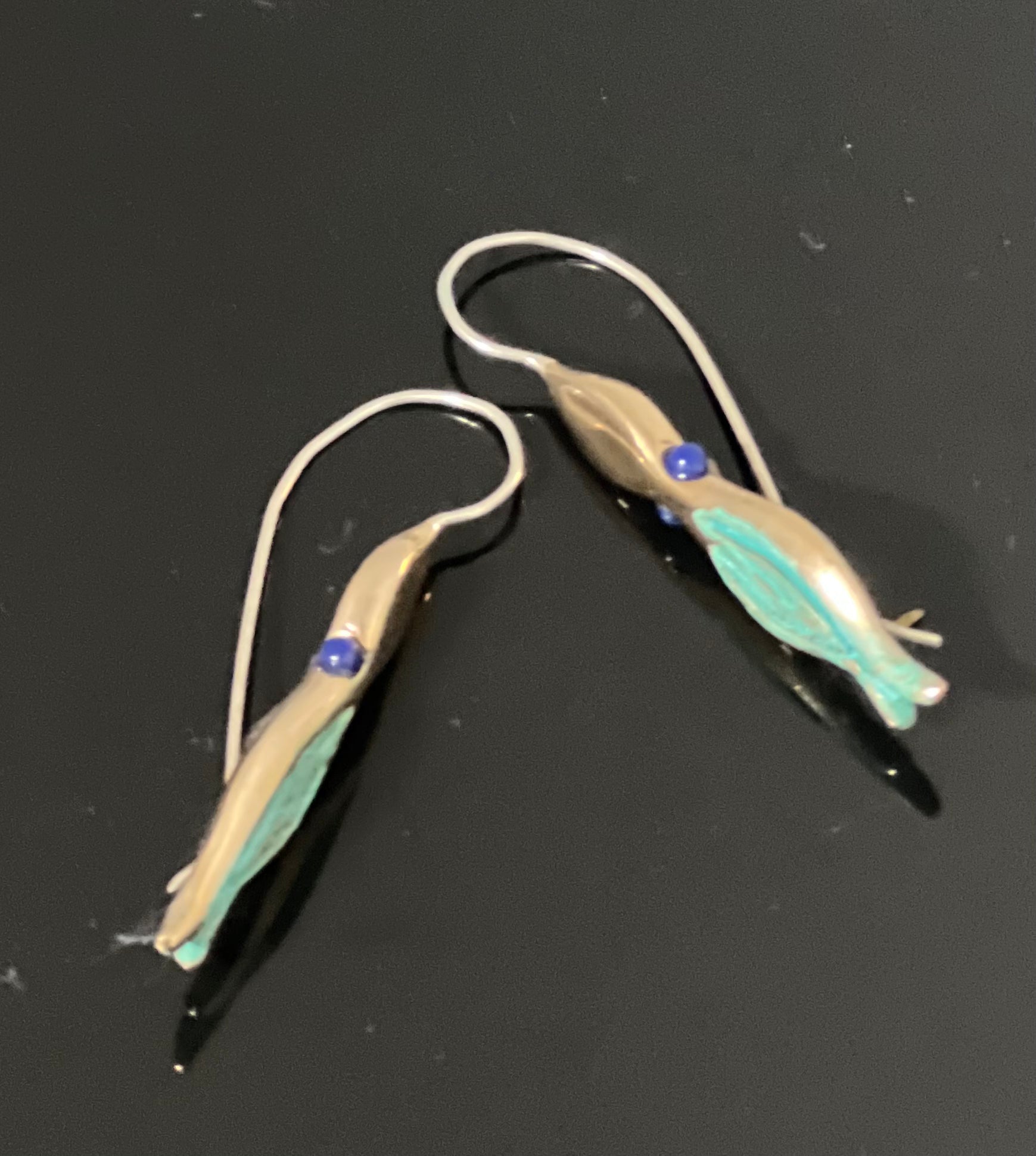 Bronze Squid Earrings with Verde Patina and Lapis Eyes by Anisa Jewelry
