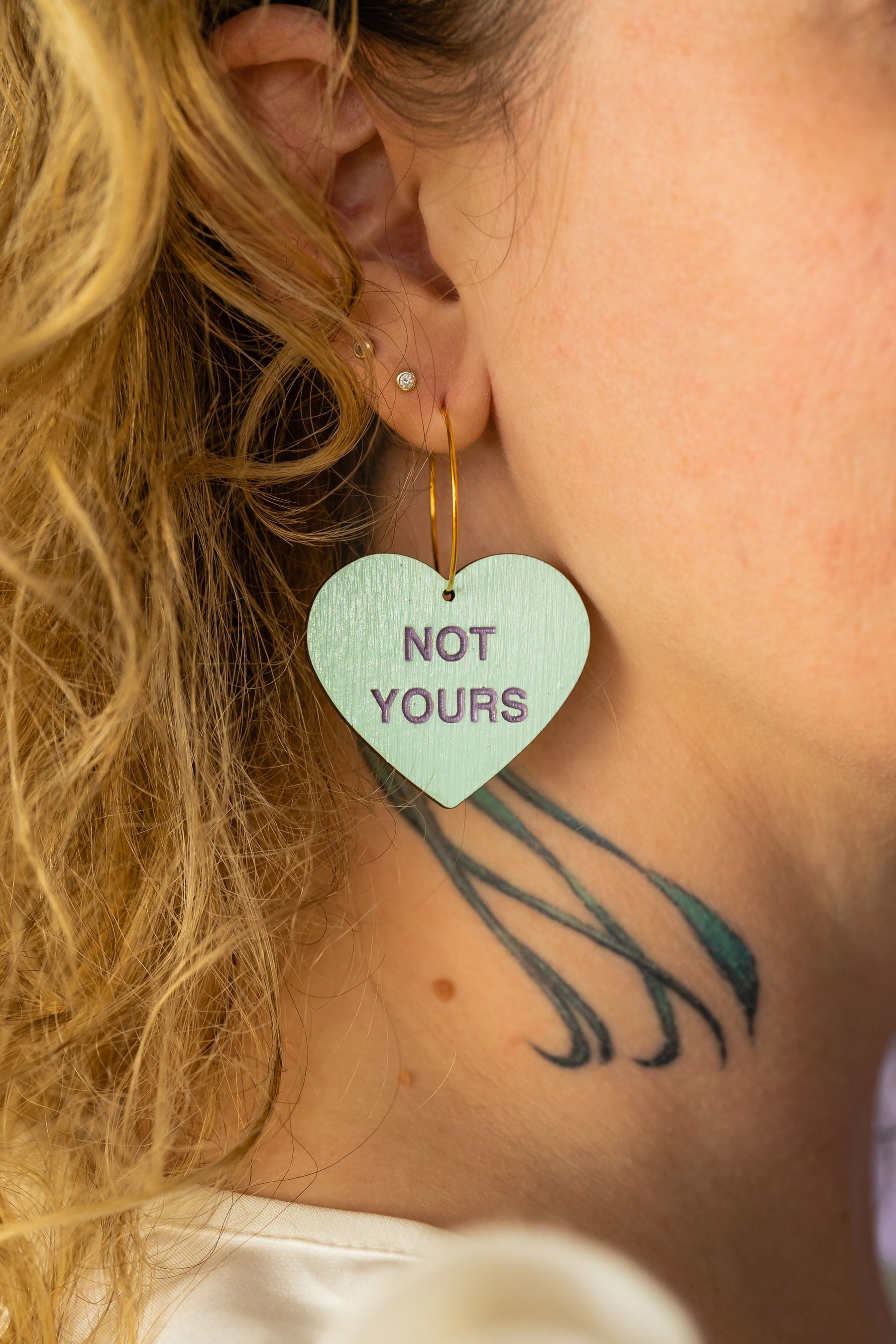 Additional view of Self Love Conversation Heart Hoop Earrings hand painted on lightweight wood by LE CHIC MIAMI