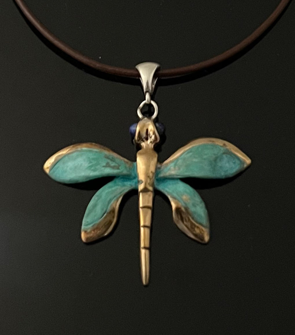 Small Bronze Dragonfly Pendant with Lapis Eyes and Verde Patina by Anisa Jewelry