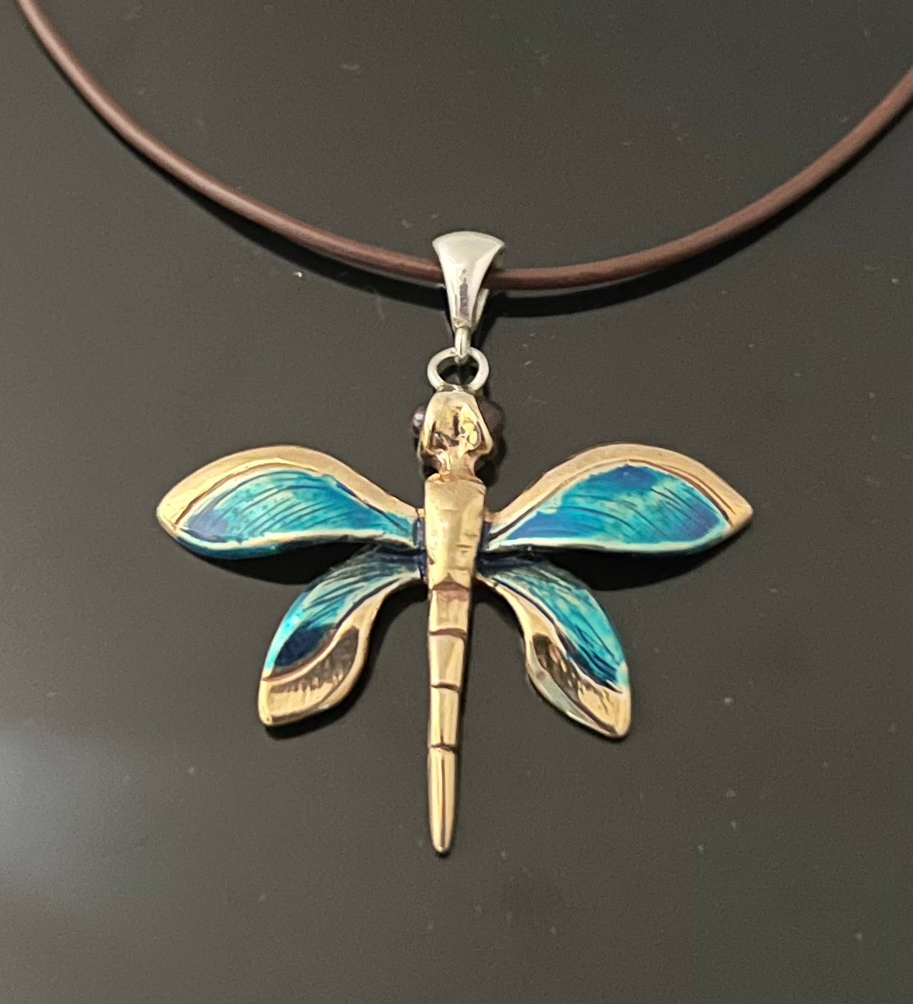 Small Bronze Dragonfly Pendant with Blue Patina and Lapis Eyes by Anisa Jewelry