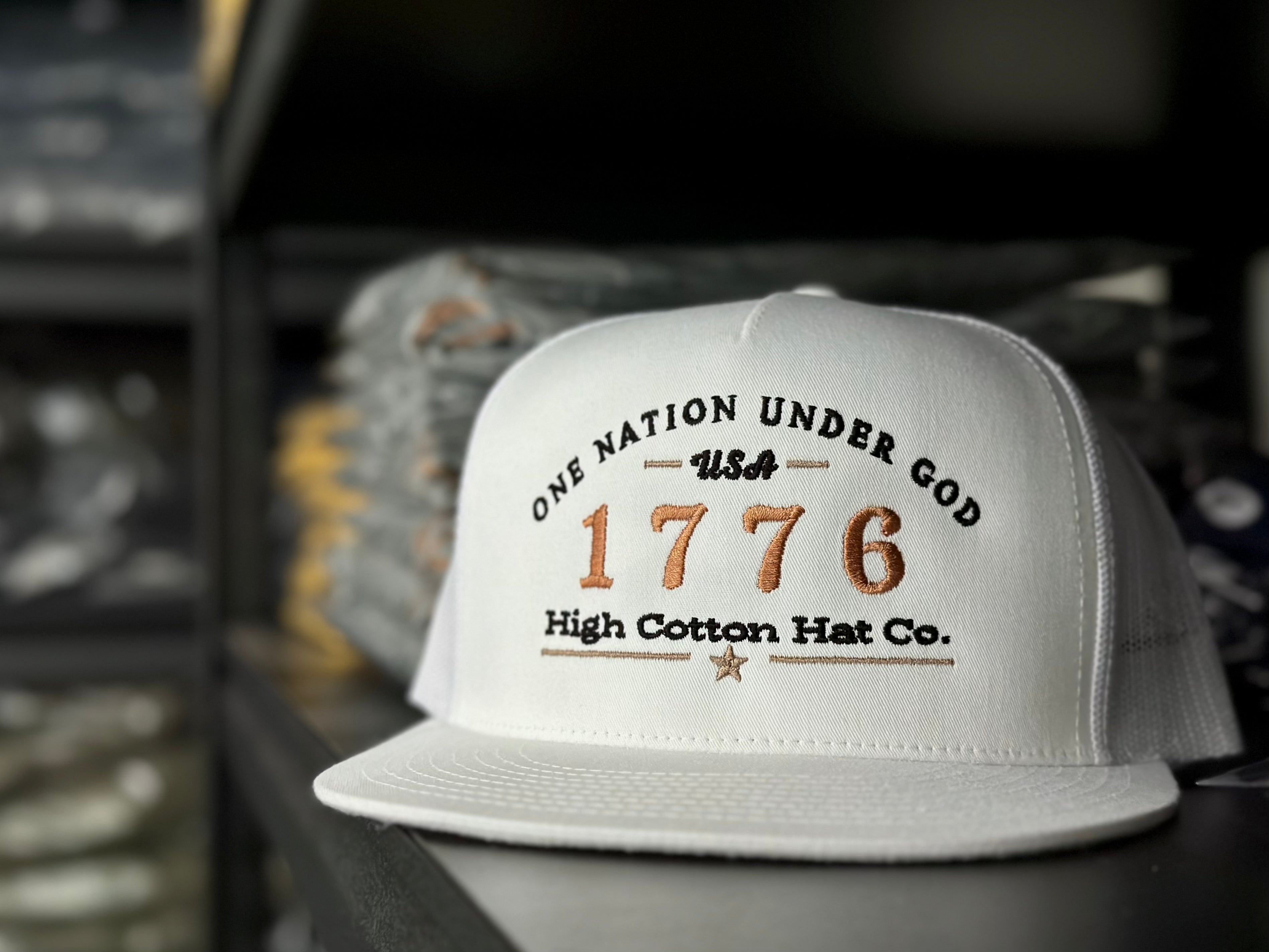 1776 White Flat Bill Hat by High Cotton Hat Co in Texas
