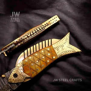 Damascus Fish Folding Knife with Bone Handle, Brass Bolster and Leather Sheath by JW SteelCrafts, leather knife sheath detail photo 2