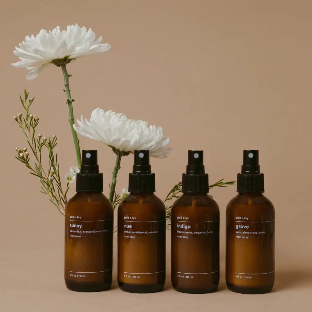 Indigo room spray by gold + ivy, scented candle detail photo 3