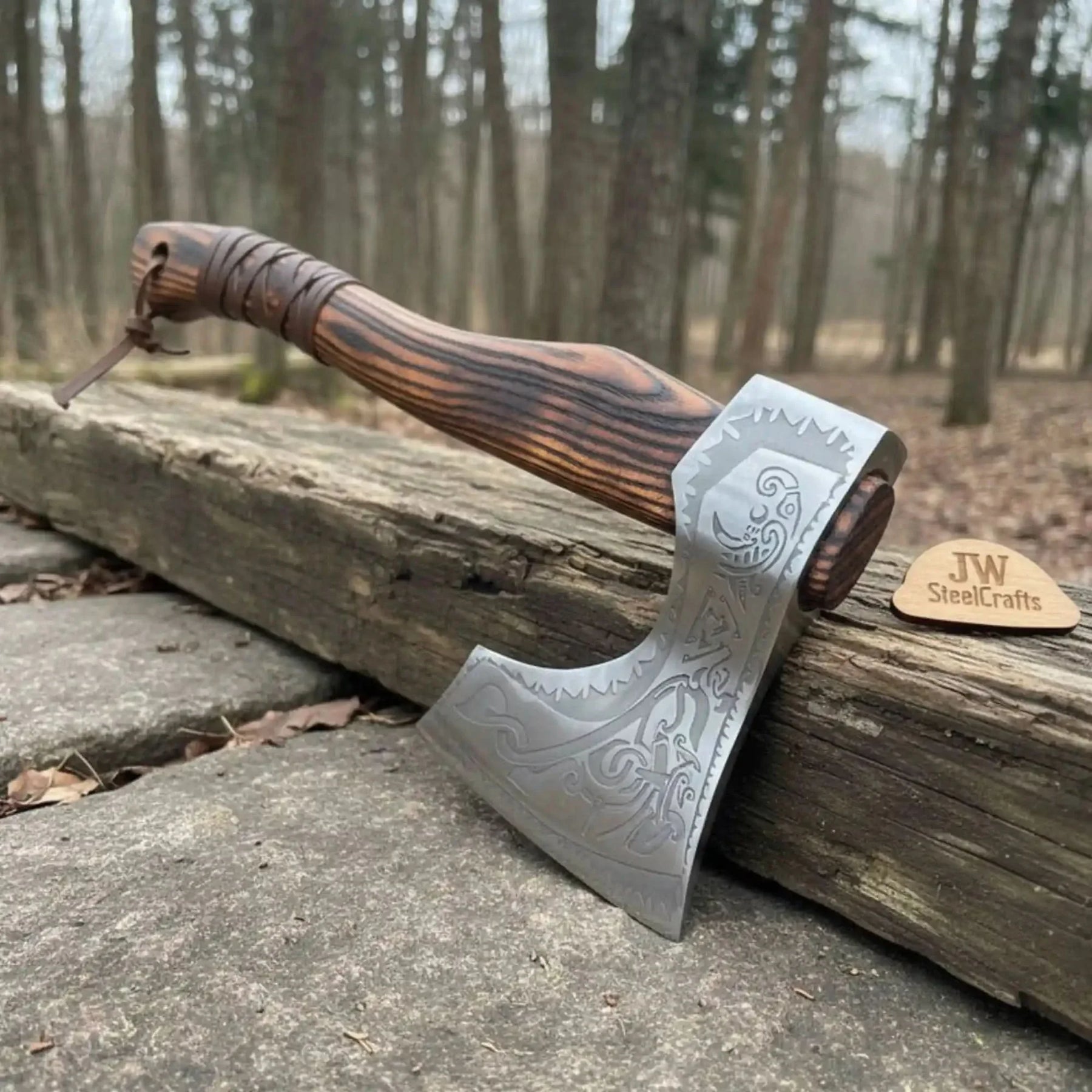 Engraved Carbon Steel Ragnar Axe with Bearded Head detail view by JW SteelCrafts