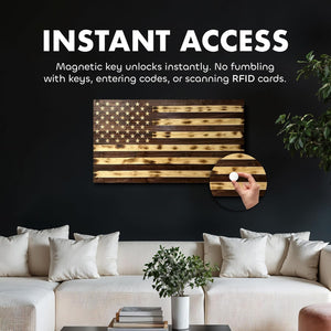 Large American Flag Gun Safe - Quick Access Hidden Gun Safe for Rifles, Shotguns, & Handguns - Gun Concealment Furniture with Magnetic Lock - Gun Self by Bellewood Designs