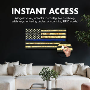 Large Thin Blue Line American Flag Gun Safe - Quick Access Hidden Gun Safe for Rifles, Shotguns, & Handguns - Gun Concealment Furniture with Magnetic by Bellewood Designs