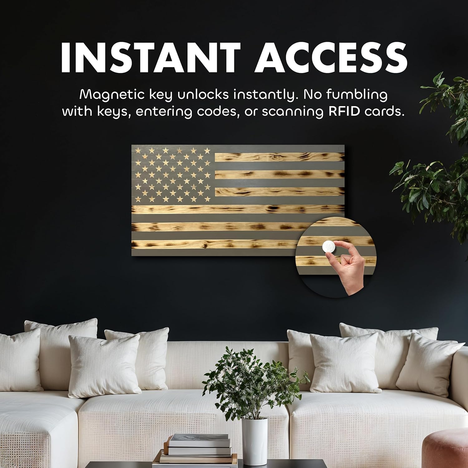 Large American Flag Gun Safe - Quick Access Hidden Gun Safe for Rifles, Shotguns, & Handguns - Gun Concealment Furniture with Magnetic Lock - Gun Self by Bellewood Designs