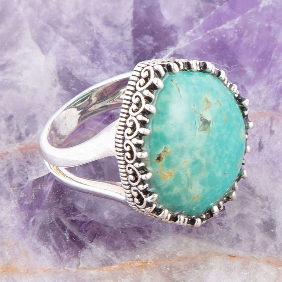 Intricate Green Turquoise and Sterling Silver Ring detail view by Barse Jewelry