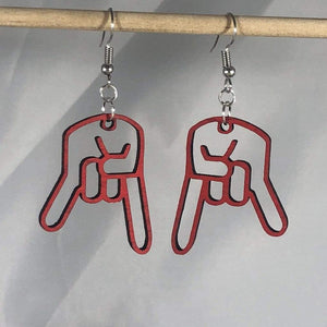 Inverted Hand Sign Wooden Dangle Earrings | Rock Gesture Jewelry by Cate's Concepts, LLC, handmade jewelry detail photo 2