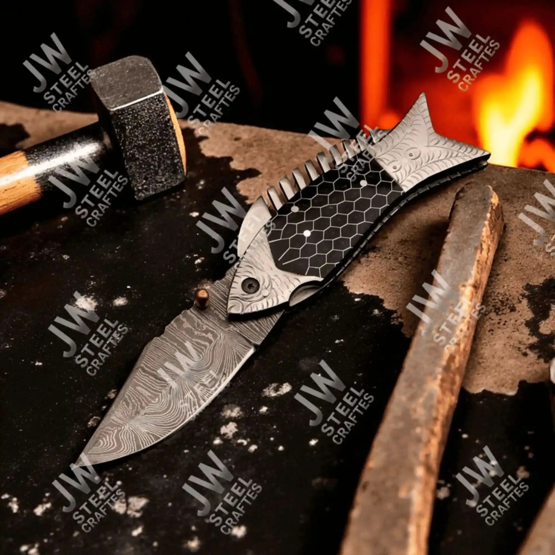 Handmade Damascus Steel Folding Knife with Black Honeycomb Handle by JW SteelCrafts, Damascus knife main product photo