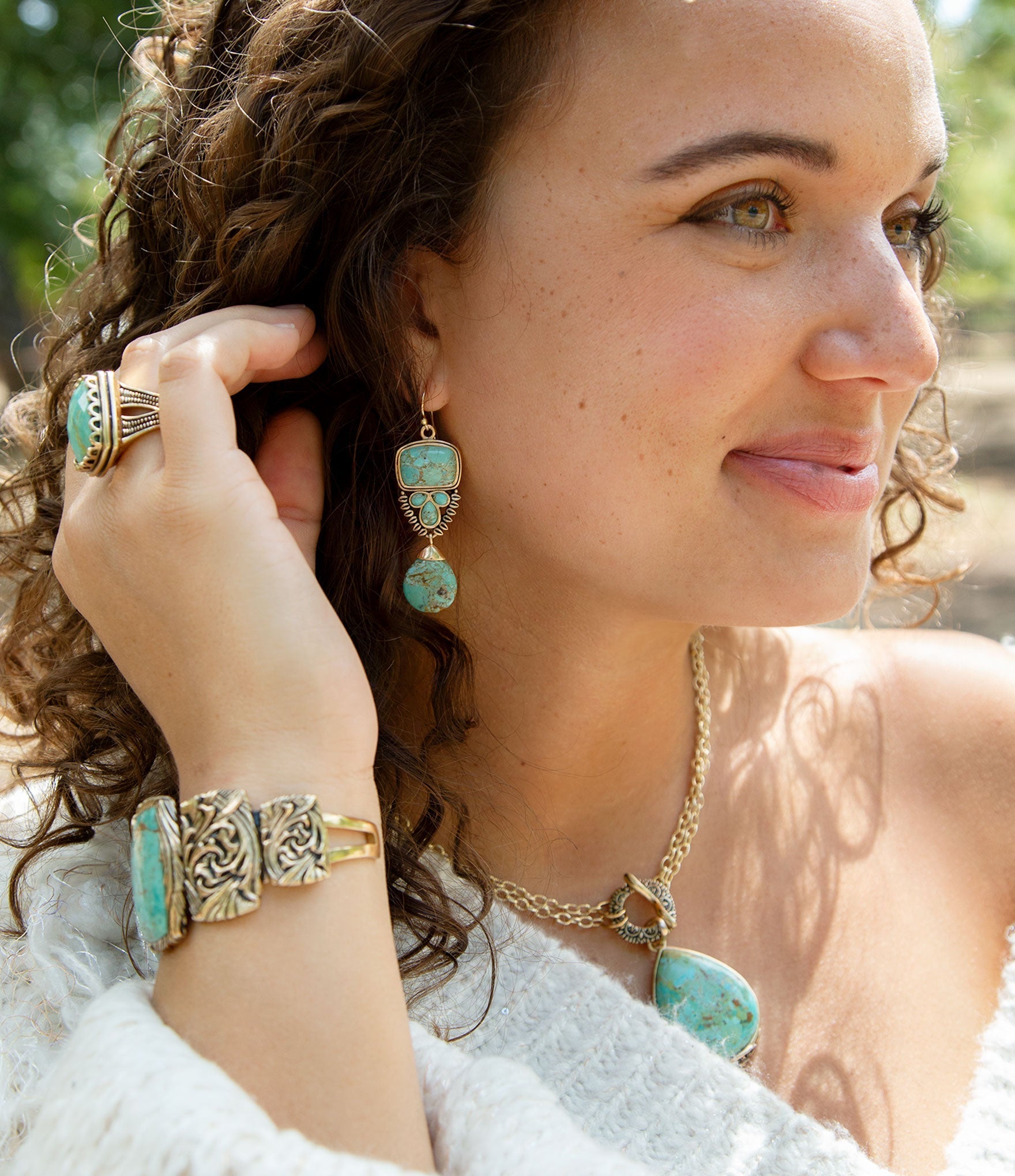 Jacquard Blue Turquoise Solid Golden Cuff Bracelet detail view by Barse Jewelry
