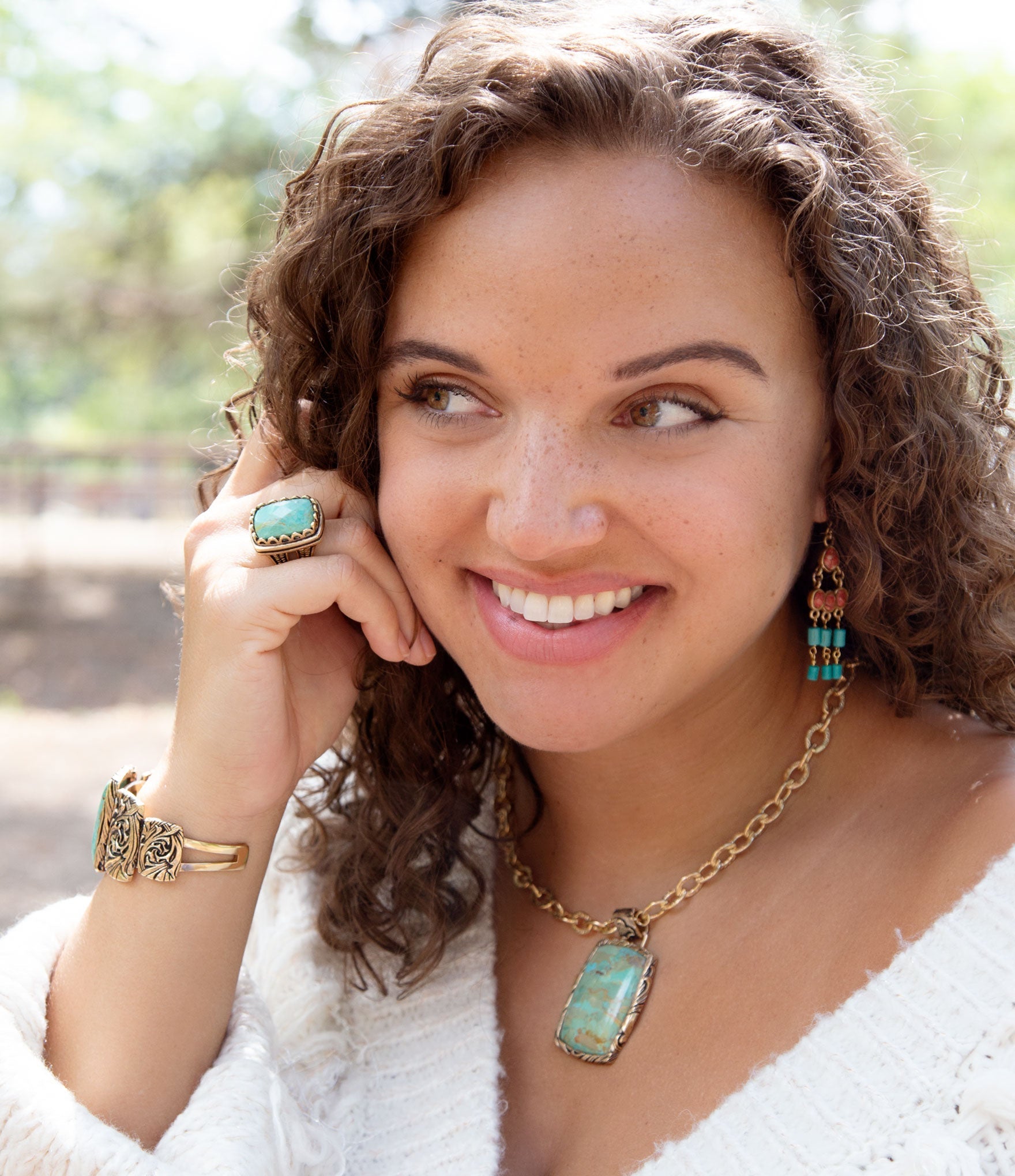 Jacquard Blue Turquoise Golden Pendant Necklace detail view by Barse Jewelry