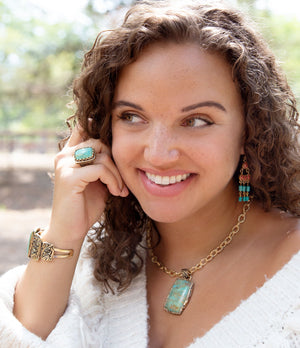 Jacquard Blue Turquoise Golden Pendant Necklace detail view by Barse Jewelry