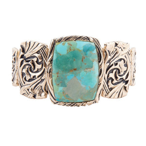 Jacquard Blue Turquoise Solid Golden Cuff Bracelet detail view by Barse Jewelry