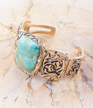 Jacquard Blue Turquoise Solid Golden Cuff Bracelet detail view by Barse Jewelry