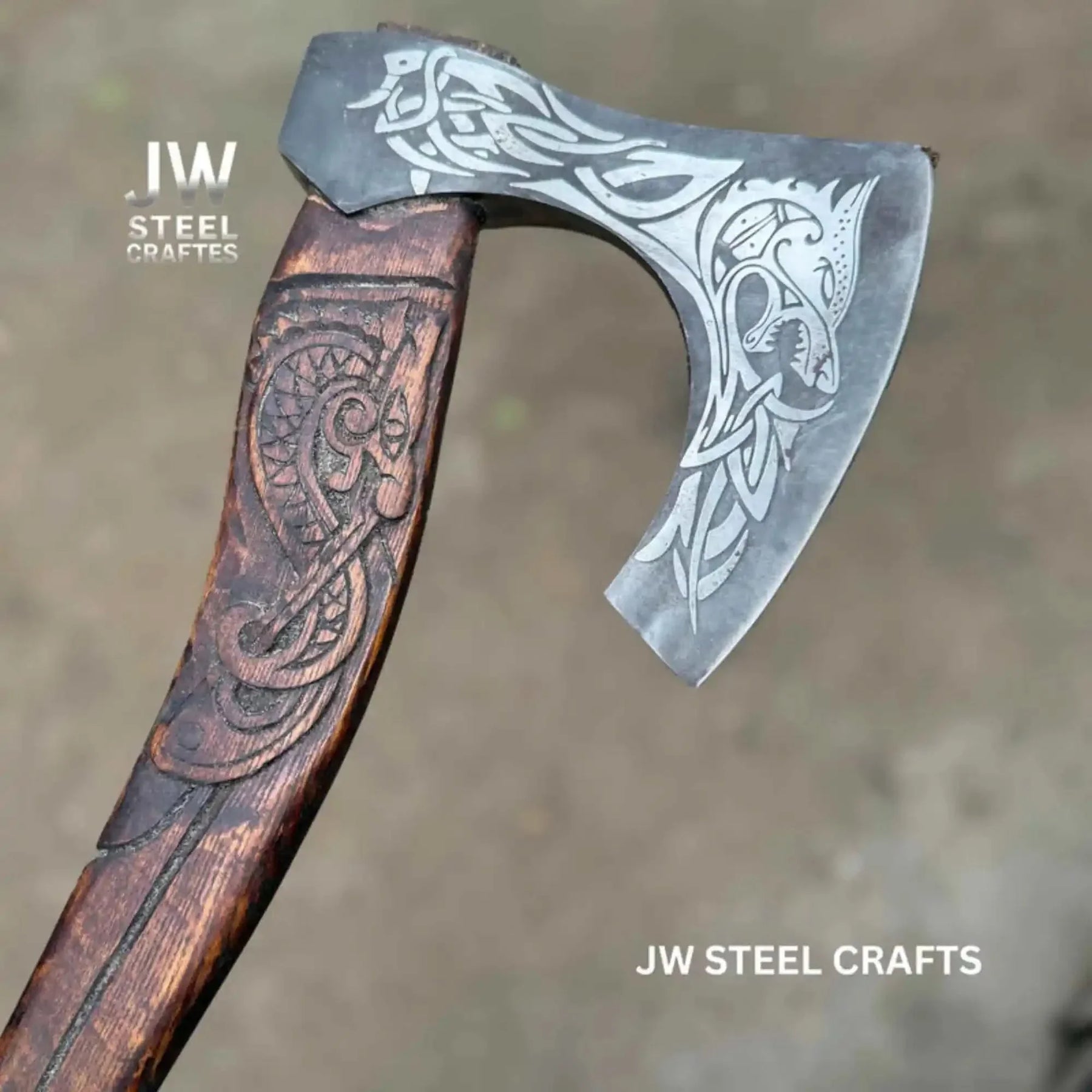 Hand-Engraved Viking Bearded Axe with Carved Hardwood Handle – Damascus Steel Blade | JW SteelCrafts by JW SteelCrafts, Southern lifestyle apparel detail photo 4