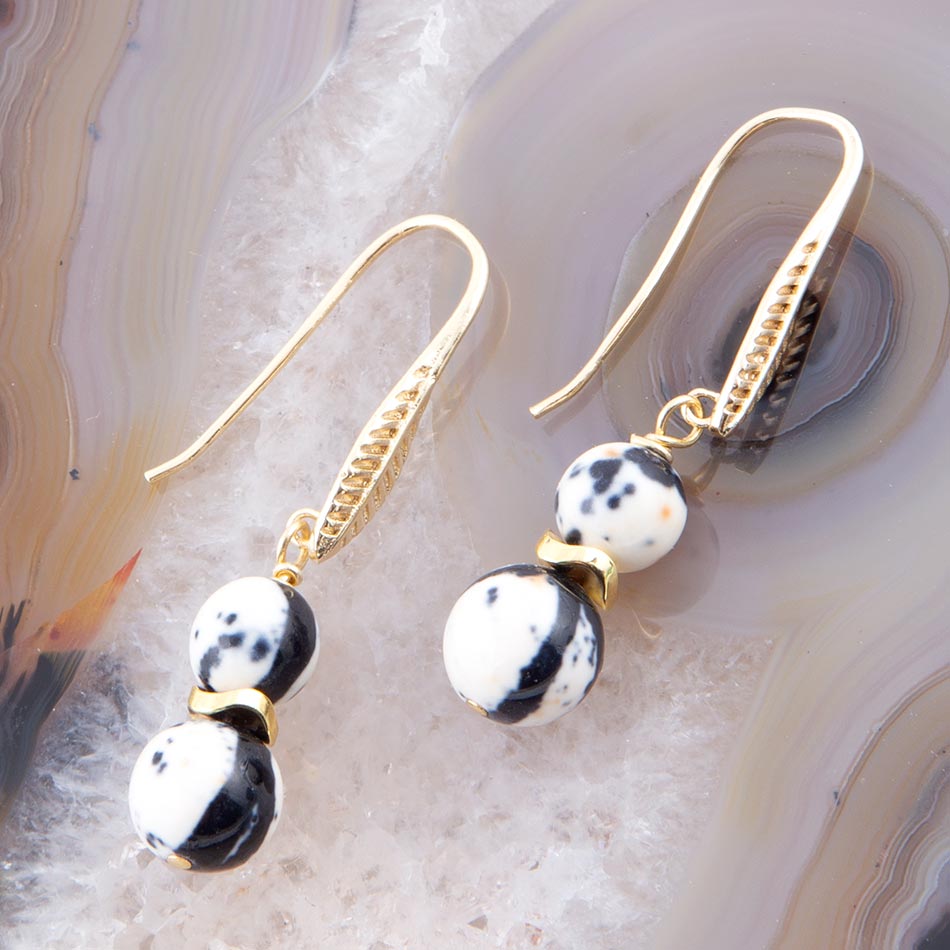 Agate Black and White Neutrals Golden Drop Earrings detail view by Barse Jewelry