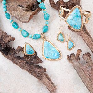 Blue Turquoise Triangle Golden Pendant Necklace detail view by Barse Jewelry
