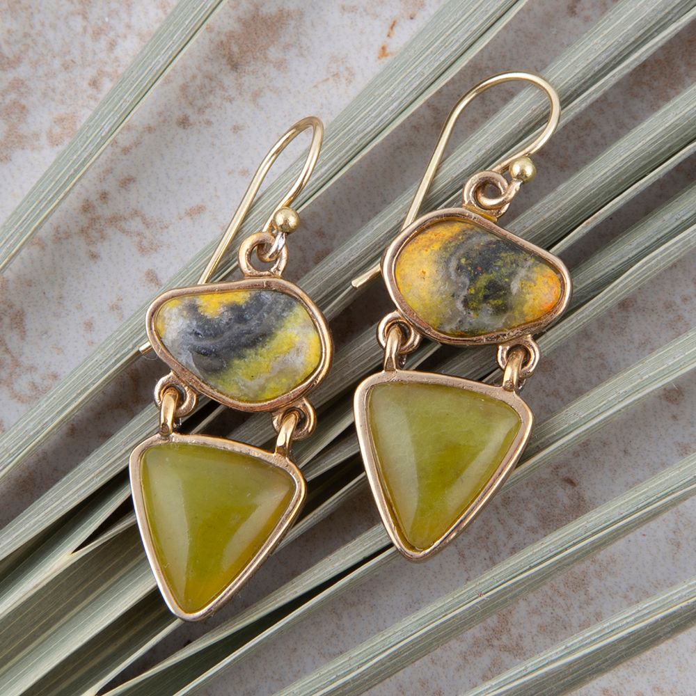 Hinged Yellow Bumblebee Jasper Golden Drop Earrings detail view by Barse Jewelry