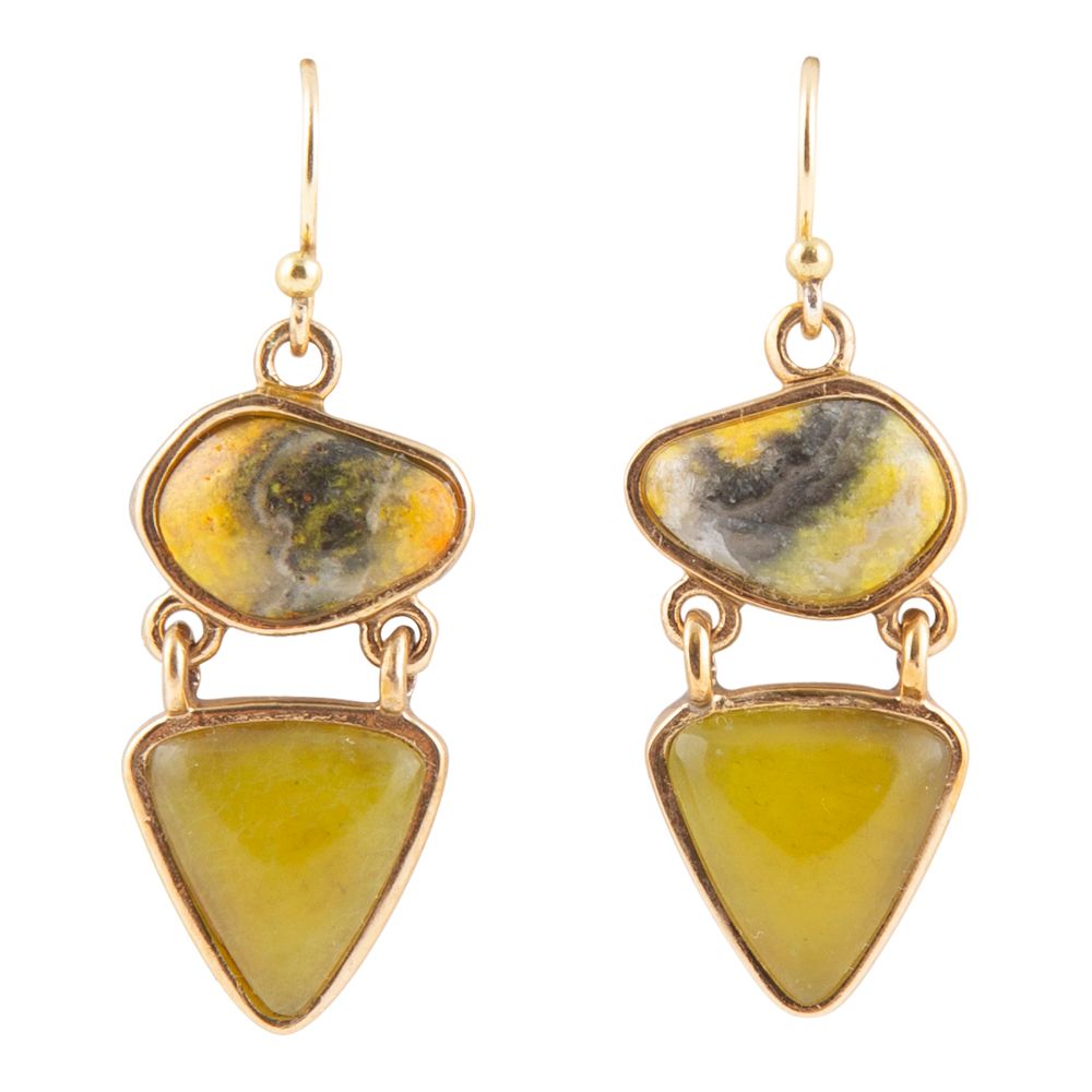 Hinged Yellow Bumblebee Jasper Golden Drop Earrings by Barse Jewelry