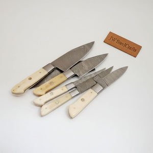 6-Piece Damascus Kitchen Knife Set – Gyuto, Santoku, Nakiri, Boning, Utility & Paring | Natural Bone Handle | Leather Roll by JW SteelCrafts, Damascus knife detail photo 2