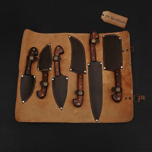 6-Piece Damascus Knife Set with Leather Roll by JW SteelCrafts, Damascus knife detail photo 2