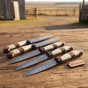 5-Piece Handmade Damascus Steak Knife Set, Bone & Rosewood Handle, Premium Dining Knives detail view by JW SteelCrafts