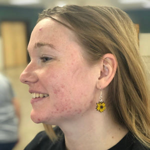 Kansas Sunflower Wooden Dangle Earrings | State Flower Jewelry detail view by Cate's Concepts, LLC