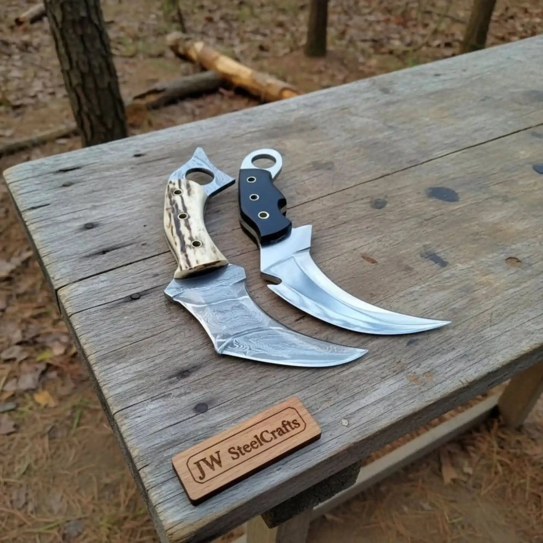 Damascus Steel Karambit Pair, Stag Horn & Wood Handle, 9-inch Blade by JW SteelCrafts