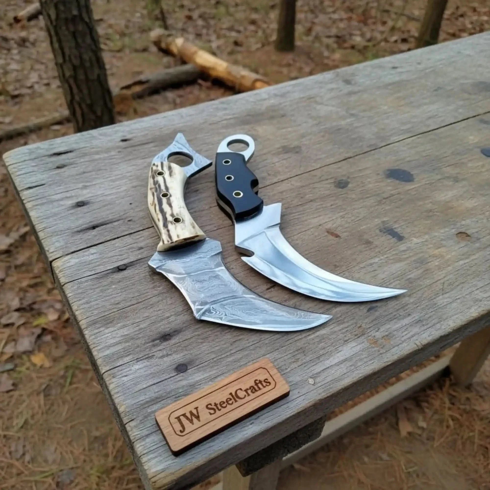 Damascus Steel Karambit Pair, Stag Horn & Wood Handle, 9-inch Blade by JW SteelCrafts