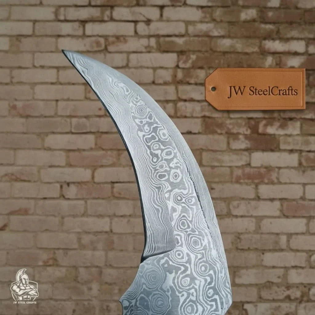 Karambit Knife with Black horn and Stainless steel handle. by JW SteelCrafts, Damascus knife detail photo 4