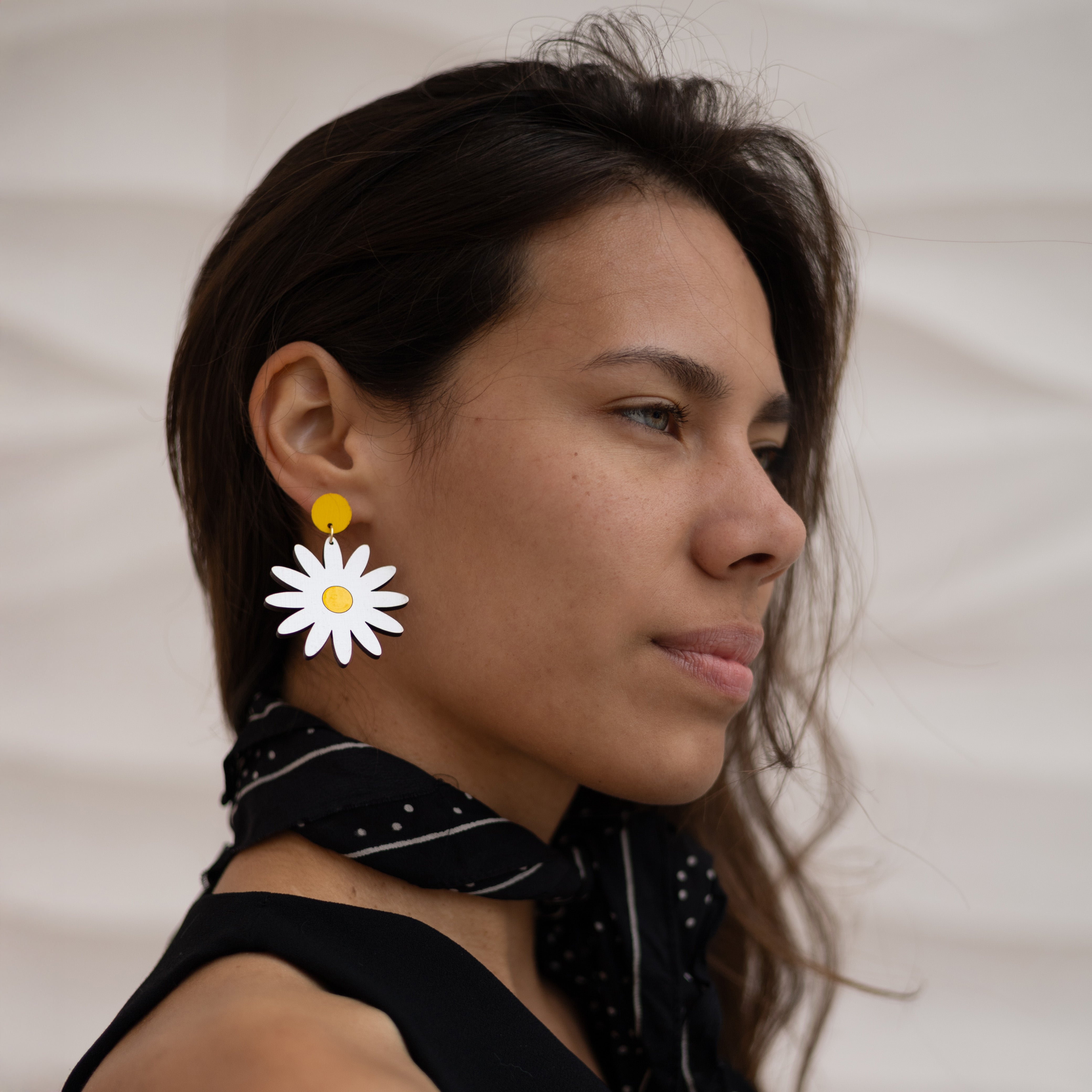 Additional view of Daisy Stud Dangle Earrings hand painted on lightweight wood by LE CHIC MIAMI