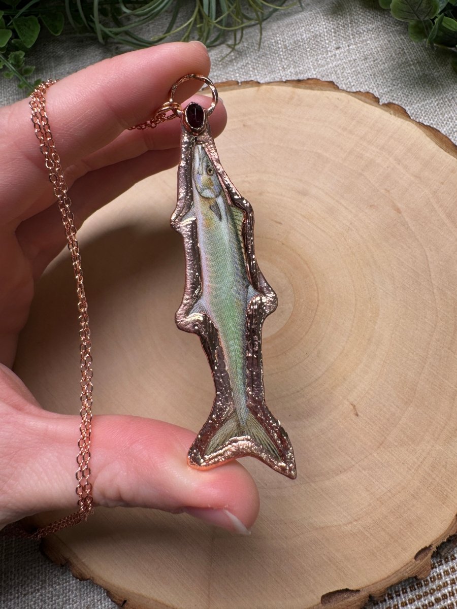 King Mackerel and Garnet Necklace detail view by Copper Ashes