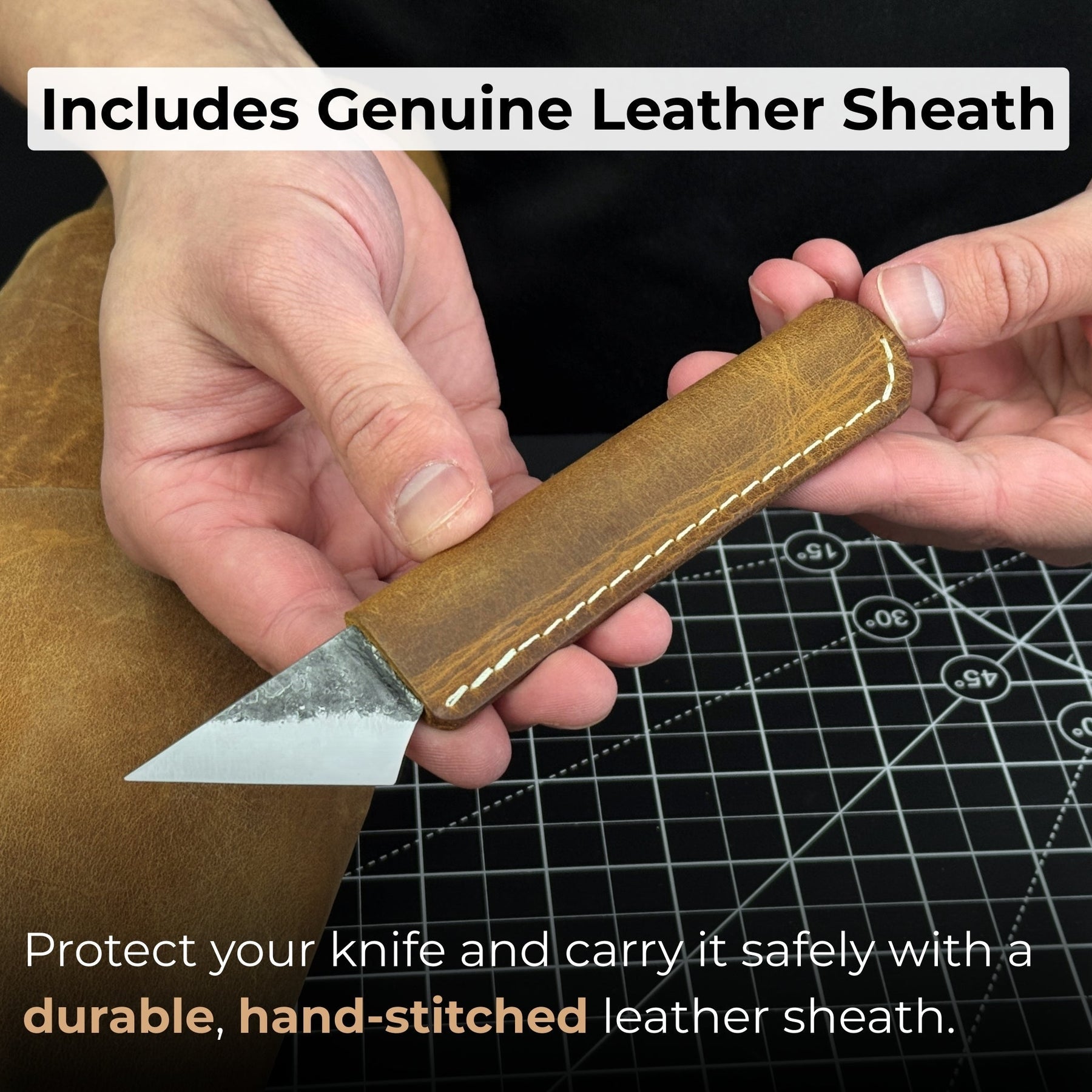 Kiridashi Knife - Razor-Sharp Carbon Steel Blade with Leather Sheath detail view by Sharky Forged Steel Tools