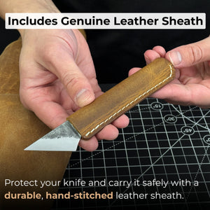 Kiridashi Knife - Razor-Sharp Carbon Steel Blade with Leather Sheath detail view by Sharky Forged Steel Tools