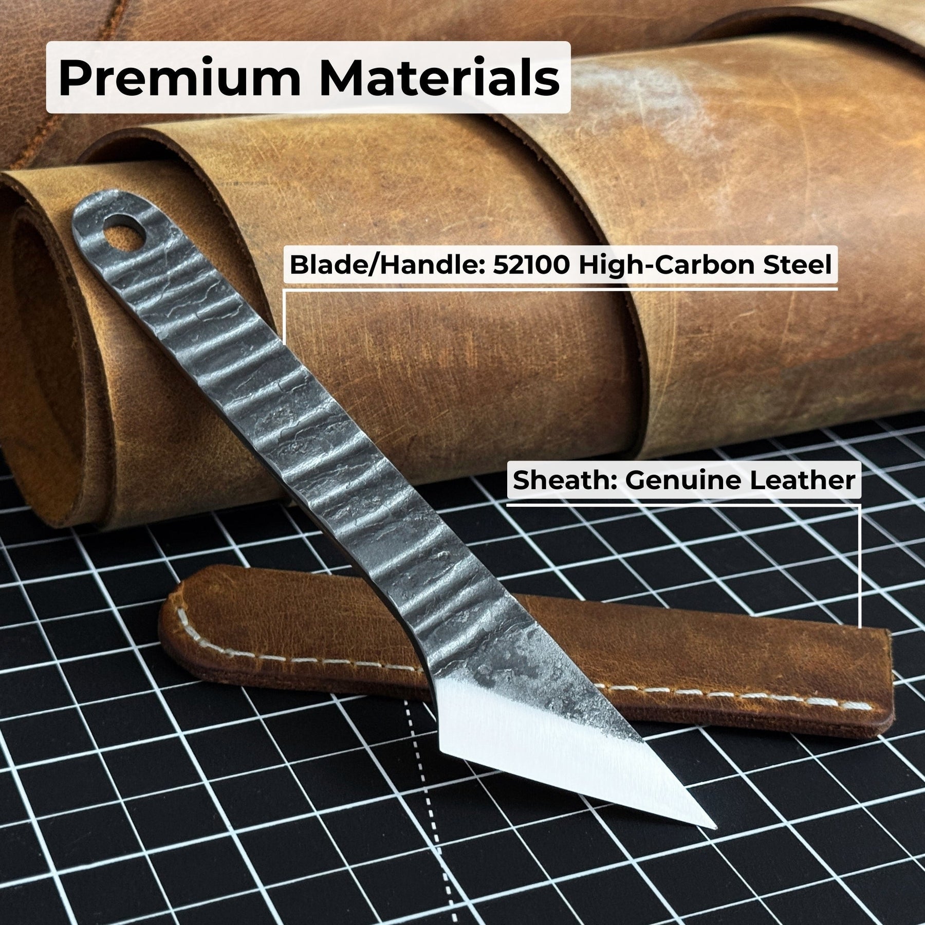 Kiridashi Knife - Razor-Sharp Carbon Steel Blade with Leather Sheath detail view by Sharky Forged Steel Tools