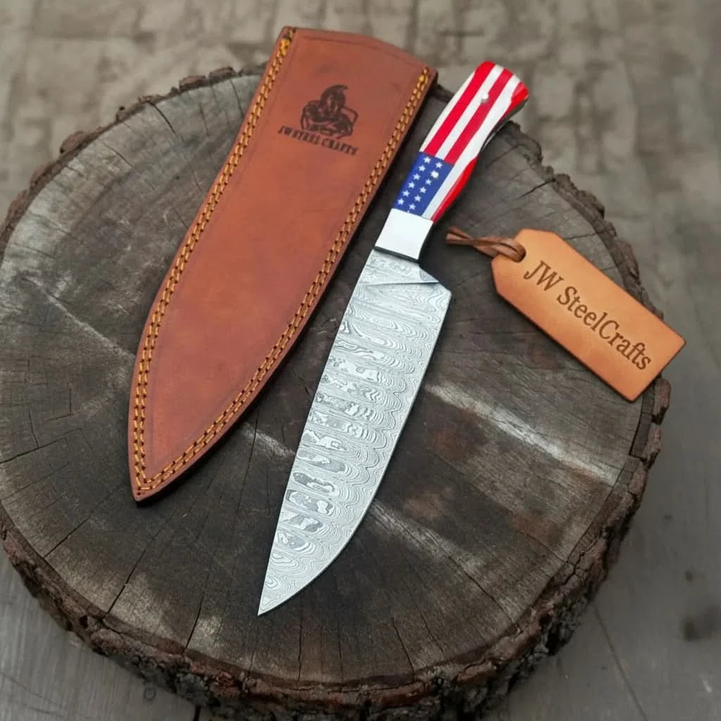 Damascus Chef Knife USA Flag Resin Handle | Hand-Forged Performance Blade by JW SteelCrafts, Damascus knife main product photo