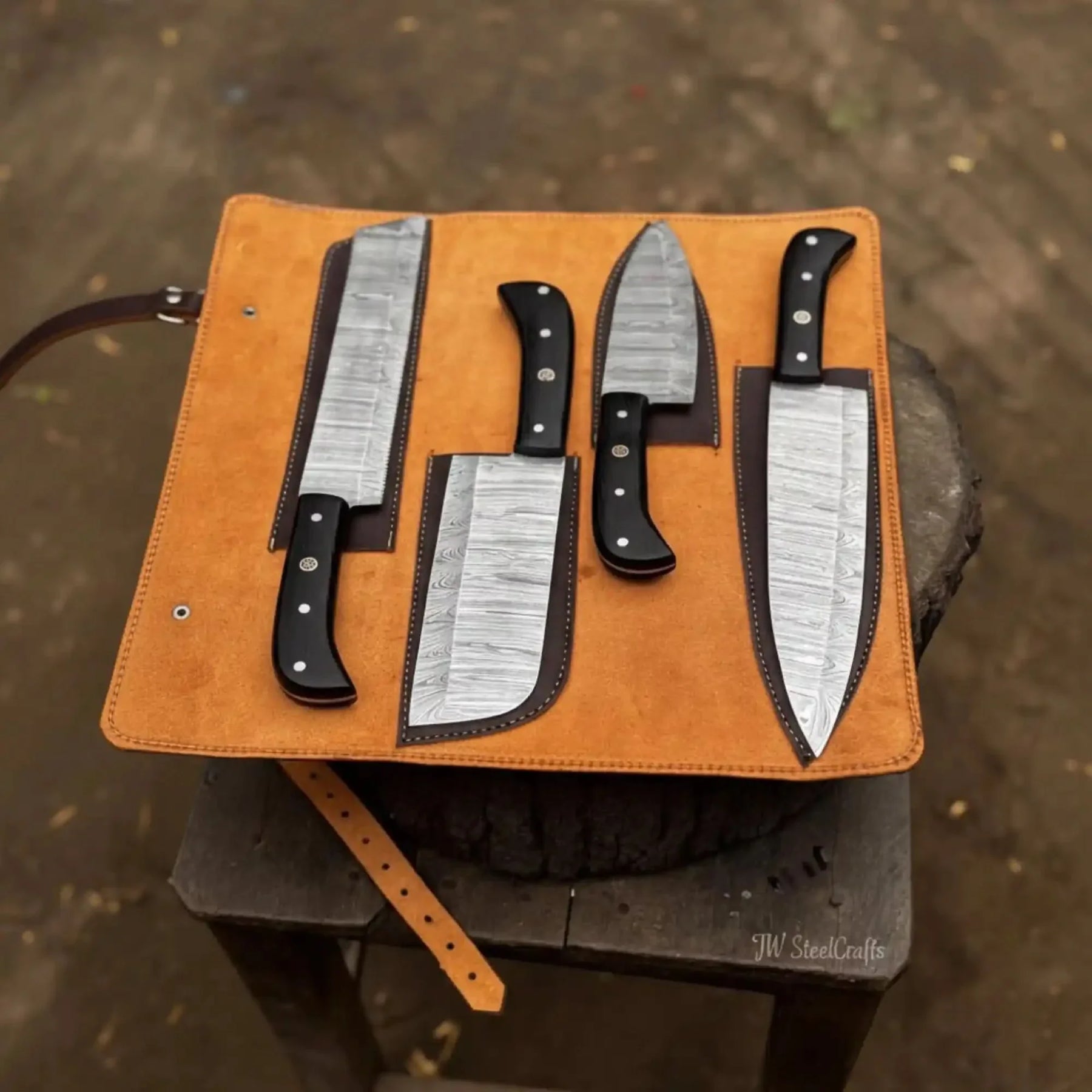 4-Piece Damascus Steel Kitchen Knife Set — Chef, Santoku, Cleaver & Utility detail view by JW SteelCrafts