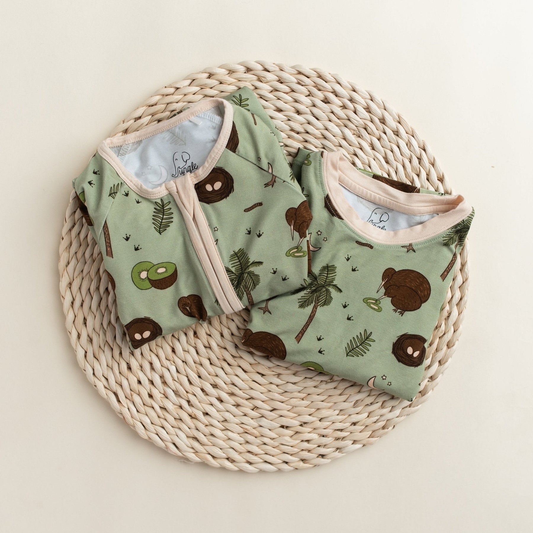 Additional view of Kiwi Bird bamboo two piece pajamas for kids with hand drawn animal print