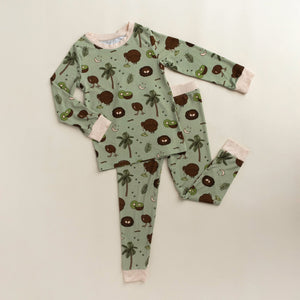 Kiwi Bird bamboo two piece pajamas for kids with hand drawn animal print