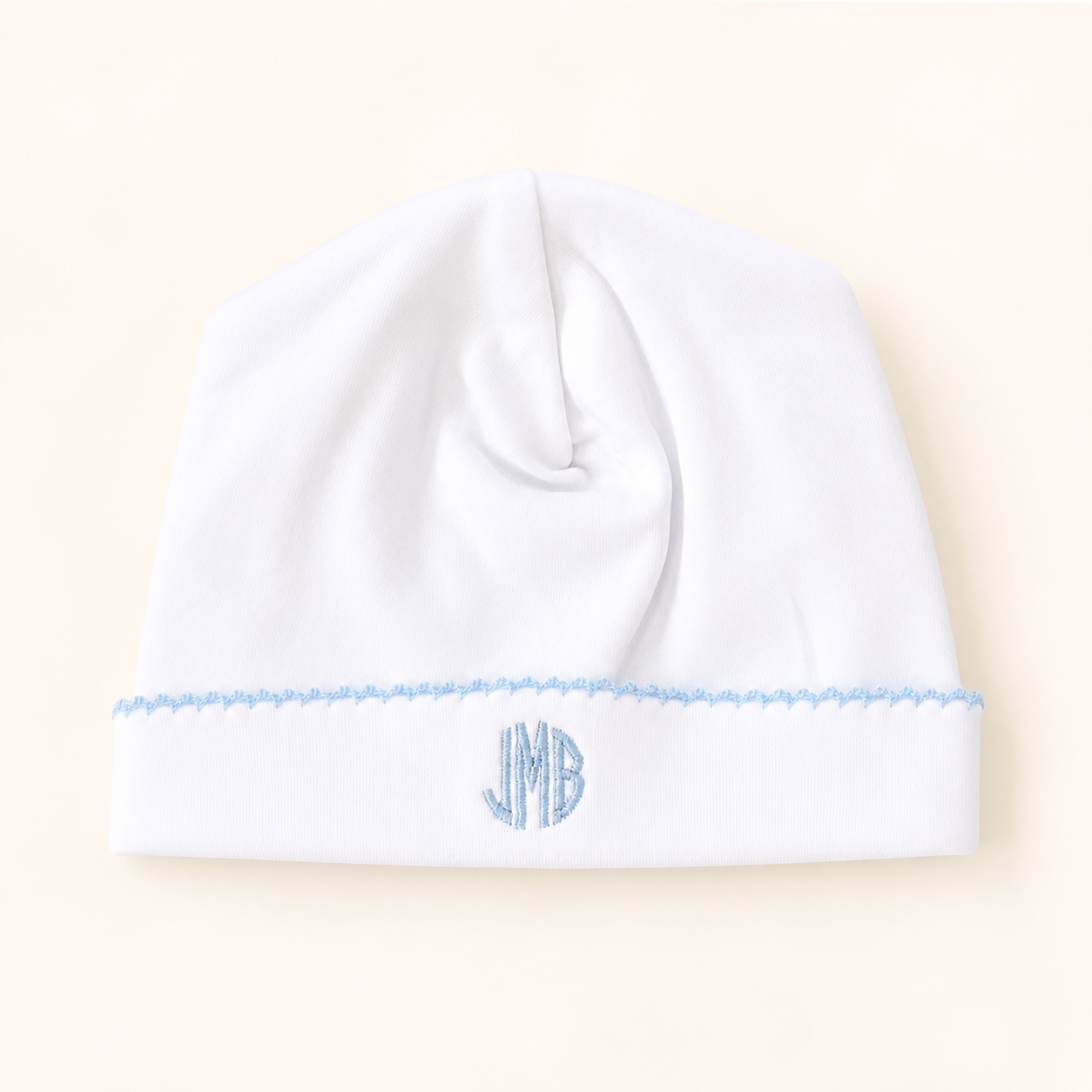 Personalized White Baby Gift Collection with Blue Picot Trim