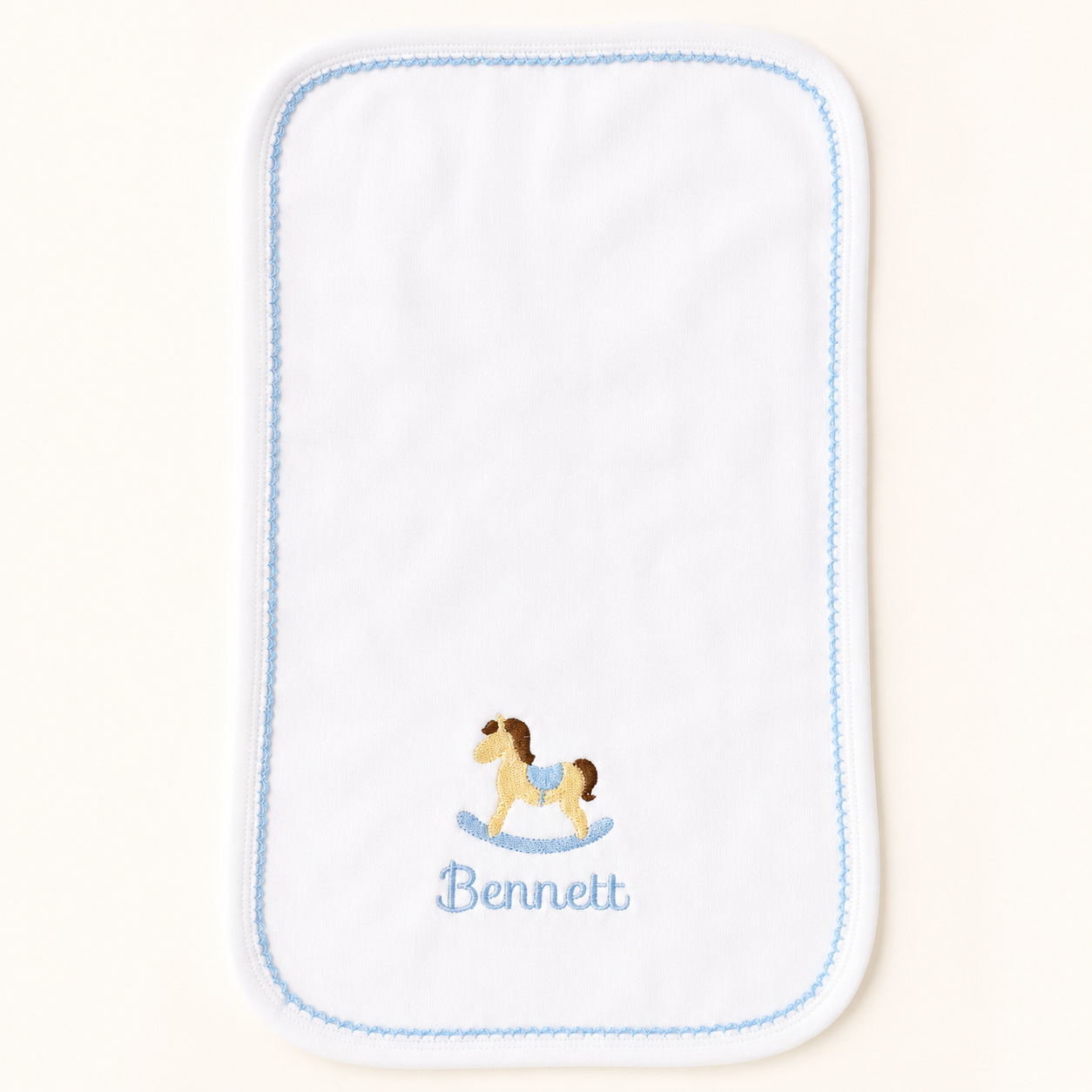 Personalized White Baby Gift Collection with Blue Picot Trim
