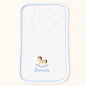 Personalized White Baby Gift Collection with Blue Picot Trim