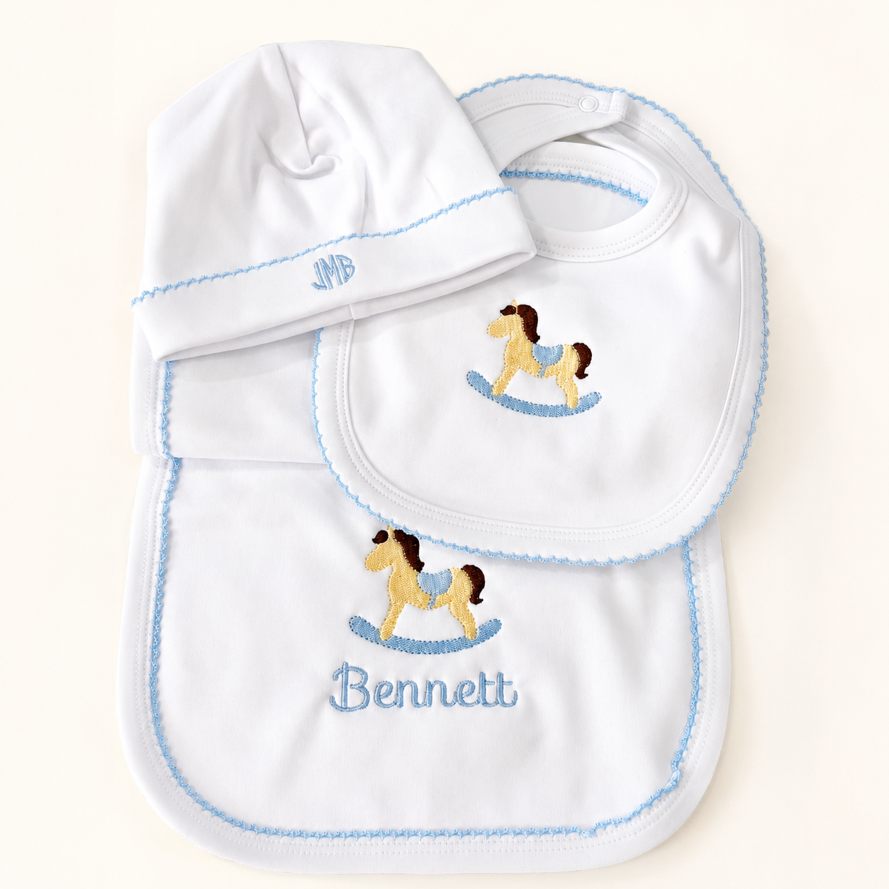 Personalized White Baby Gift Collection with Blue Picot Trim