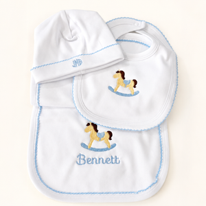 Personalized White Baby Gift Collection with Blue Picot Trim