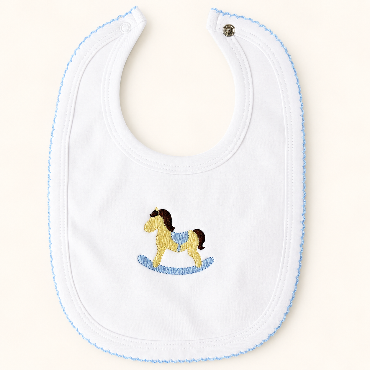 Personalized White Baby Gift Collection with Blue Picot Trim