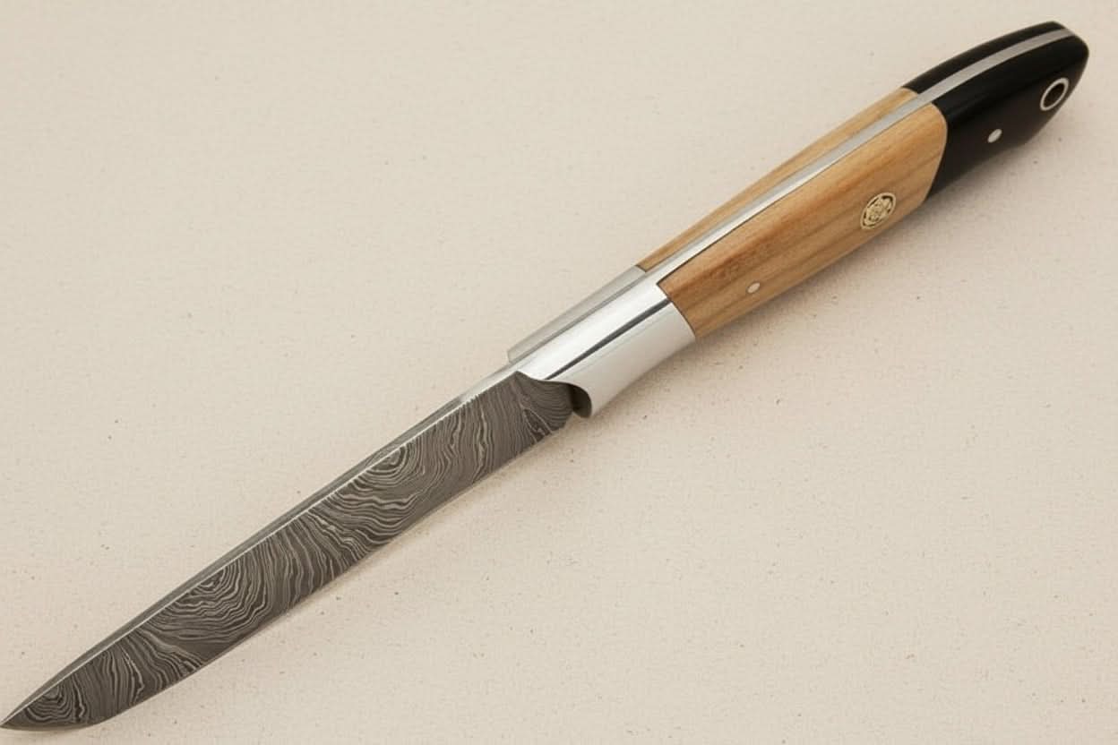 9" Handmade Damascus Steel Utility Knife with Olive Wood Handle by JW SteelCrafts, Damascus knife detail photo 4