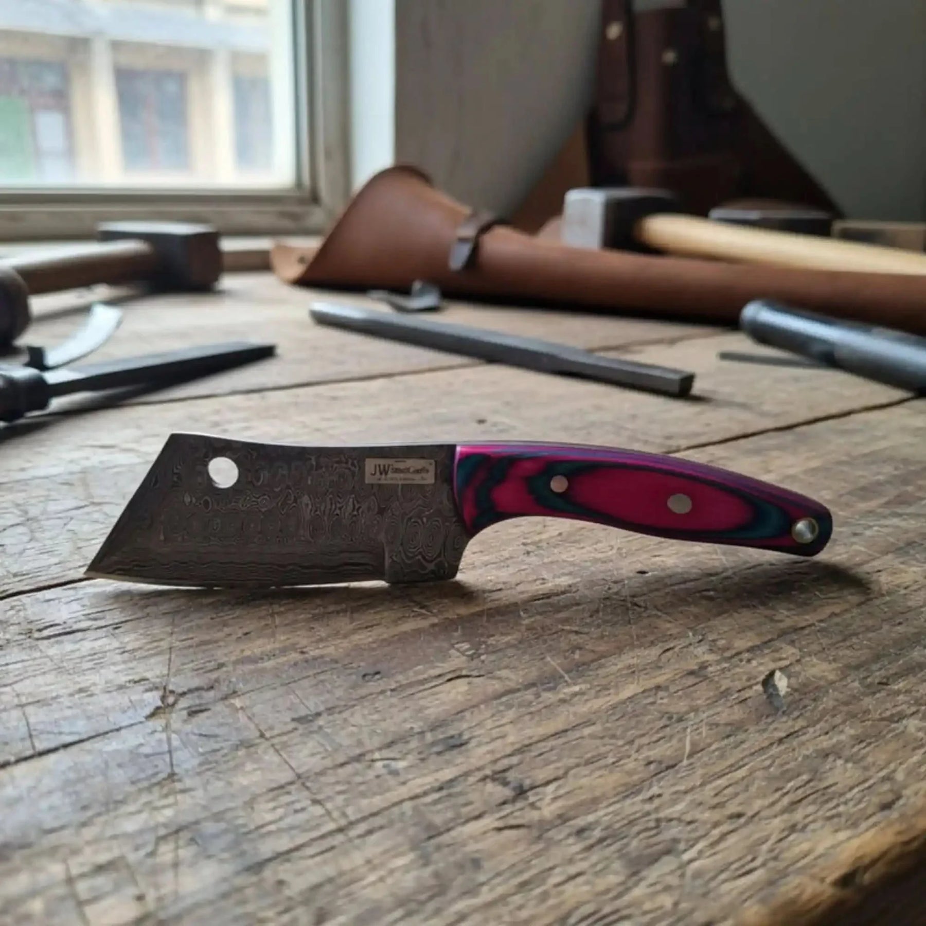 Ko-Bunka Knife Damascus Steel, Reverse Tanto detail view by JW SteelCrafts