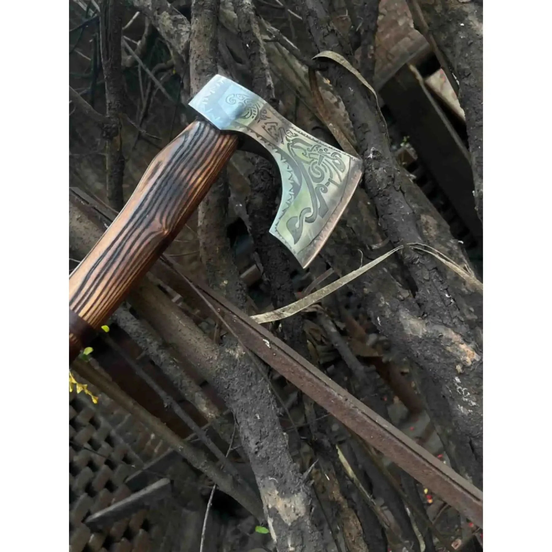 Hand Forged Carbon Steel Viking Axe with Carved Ash Wood Handle and Leather Grip by JW SteelCrafts, Southern lifestyle apparel detail photo 9